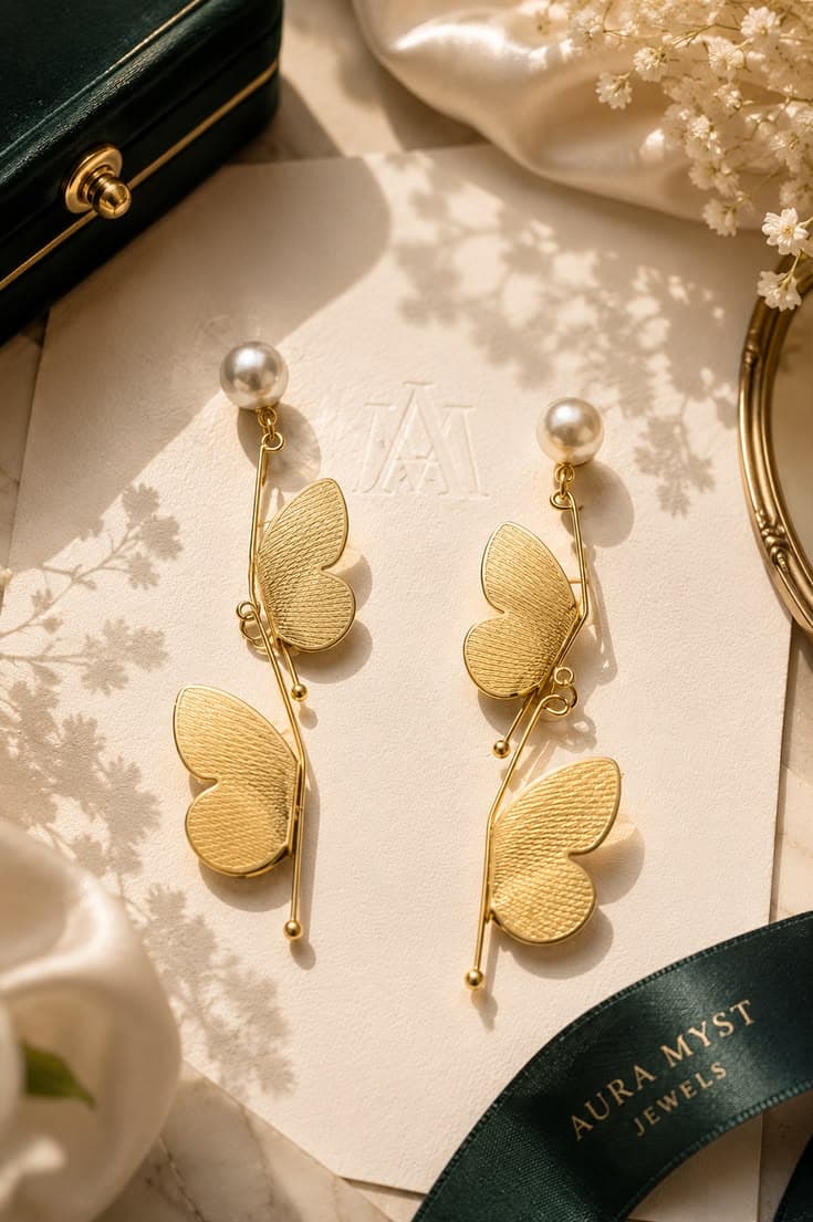 Golden Butterfly Pearl Drop Earrings view 2